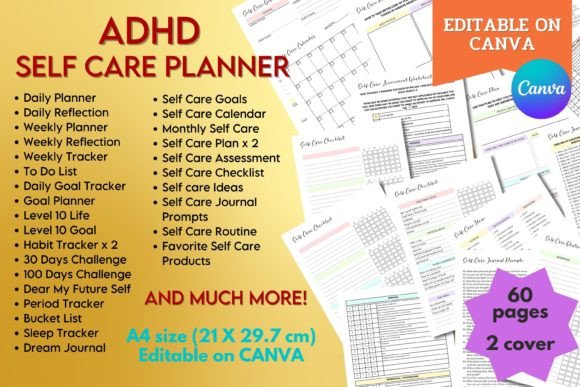 Download ADHD Self Care Planner - Canva Template - Self care planner Collection
